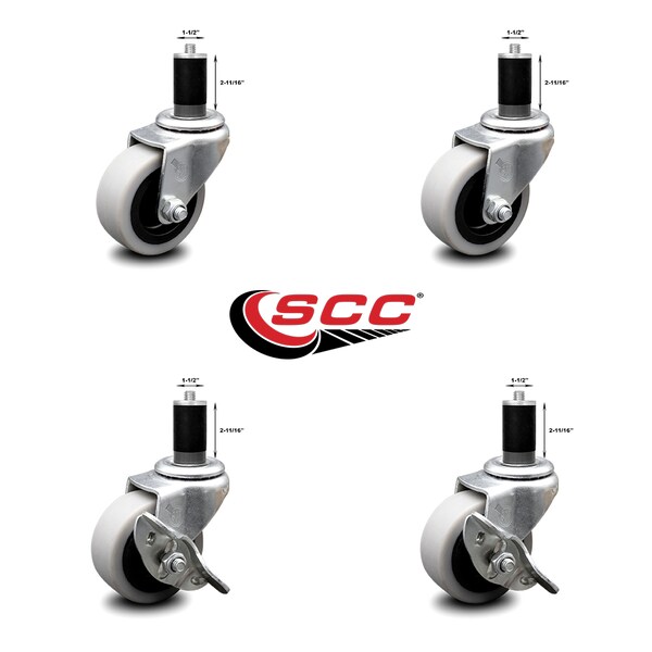2 Inch Thermoplastic Wheel 1-1/2 Inch Expanding Stem Caster Set with 2 Brakes